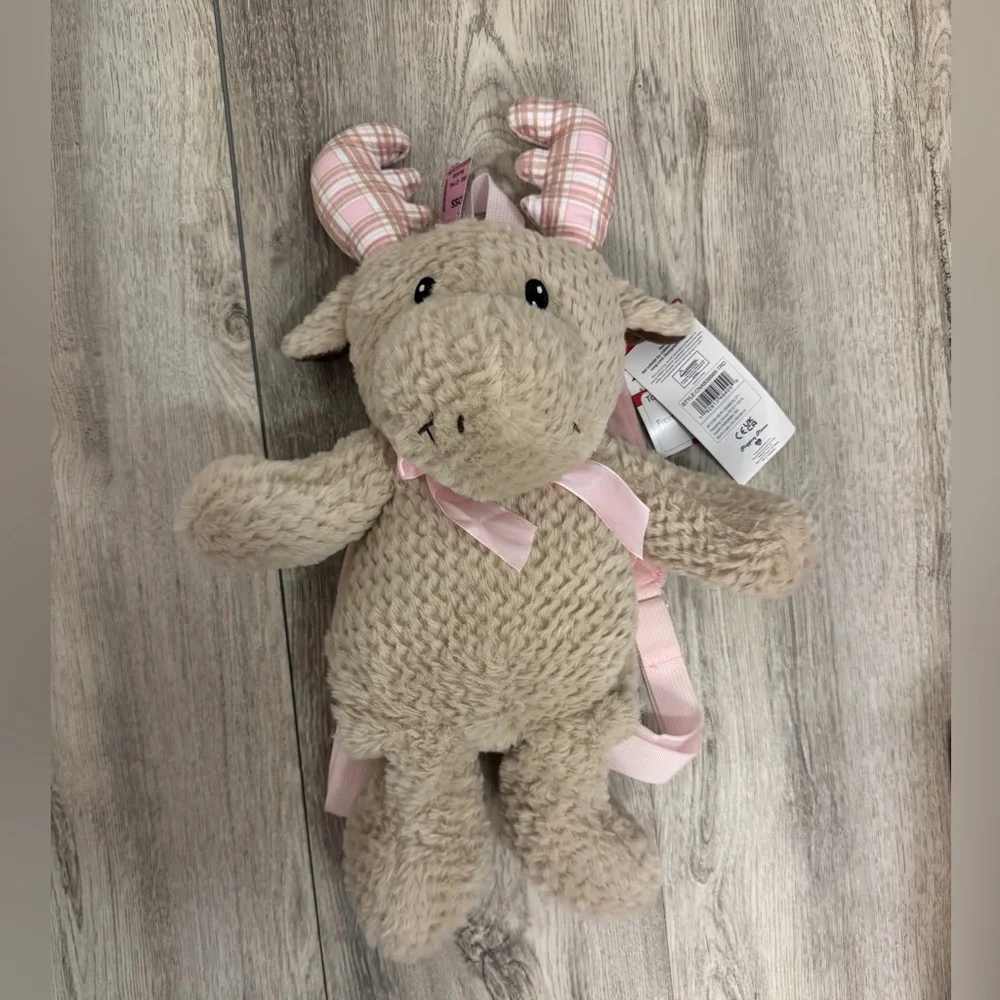 Cute Tan Plush Moose Backpack with Pink Details